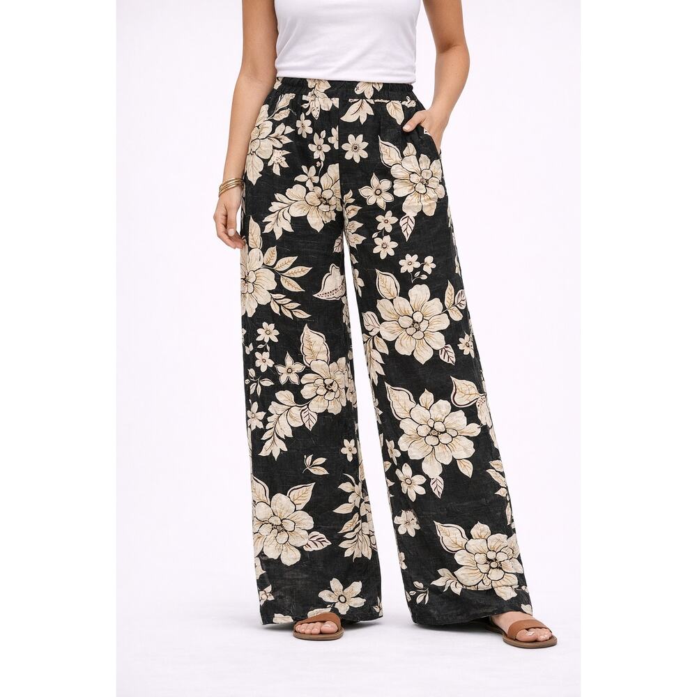 torrid Black Wide-Leg Floral Print Pants with Cream Blooms Size 0